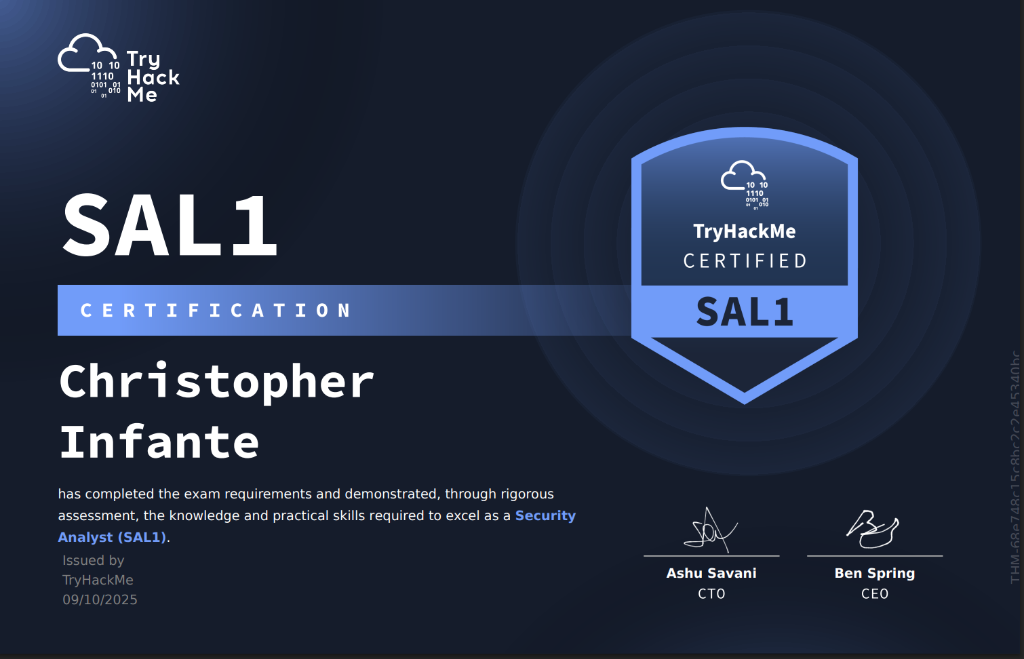 TryHackMe SAL1 certificate
